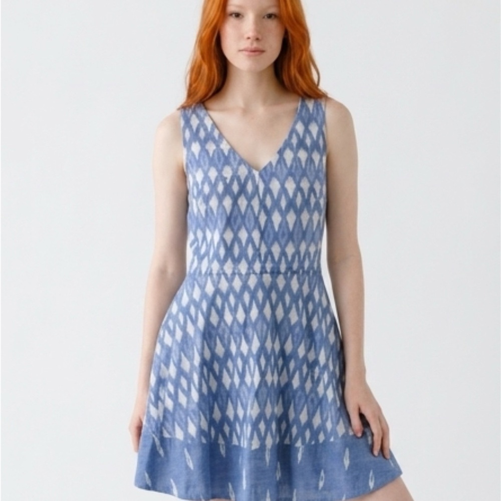 Joie Dress Norton B. Chambray Blue V-neck Ikat Print Cotton Lined Sleeveless